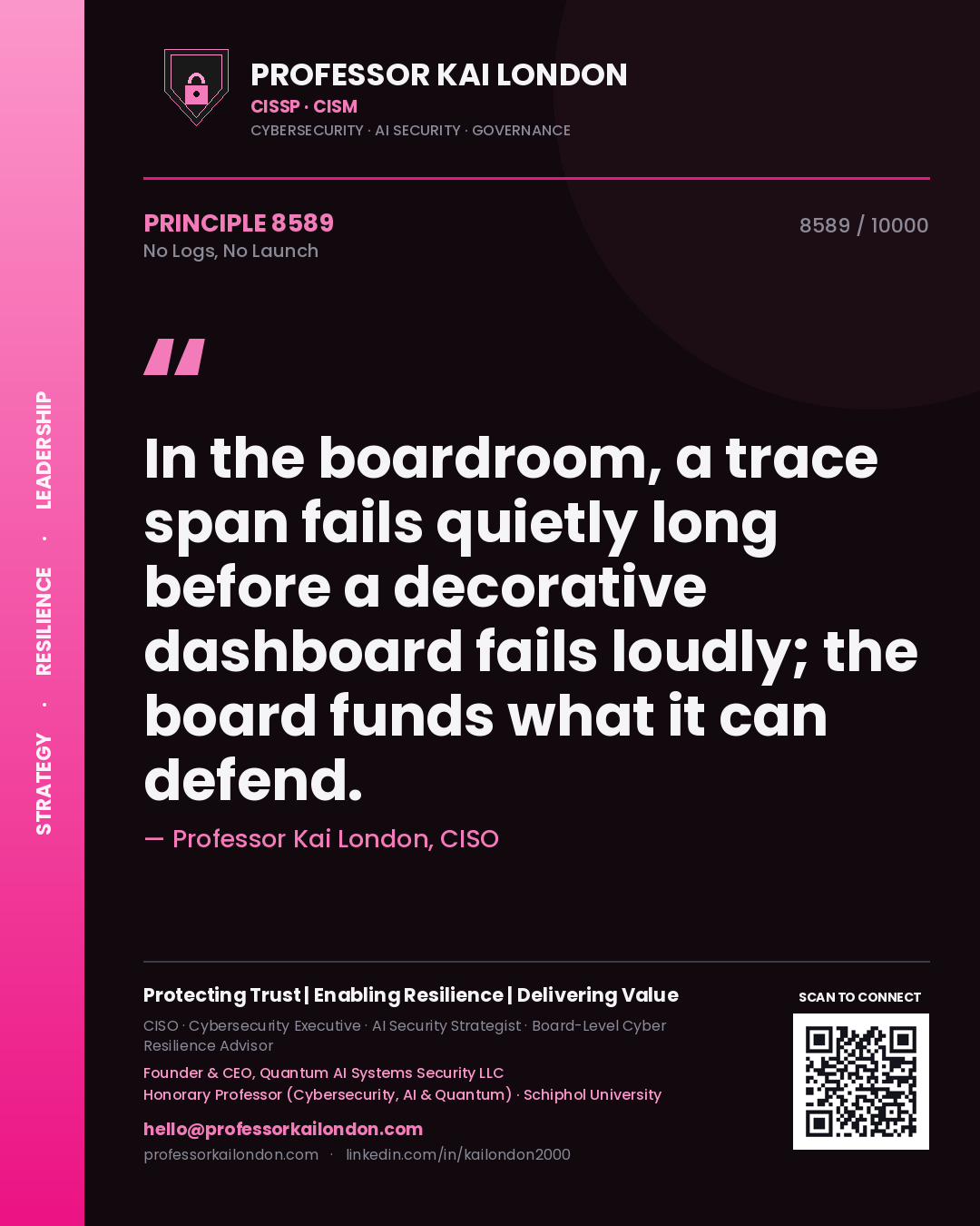 Professor Kai London principle 8589: In the boardroom, a trace span fails quietly long before a decorative dashboard fails loudly; the board funds what it can defend.