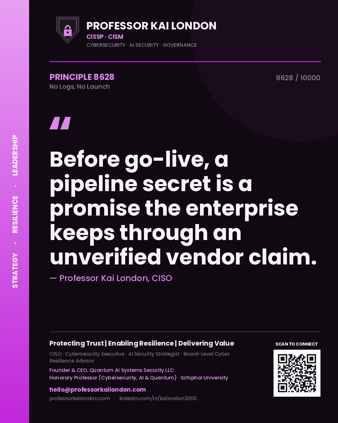 Quote card by Professor Kai London reading 'Before go-live, a pipeline secret is a promise the enterprise keeps through an unverified vendor claim.'. From the book No Logs, No Launch.