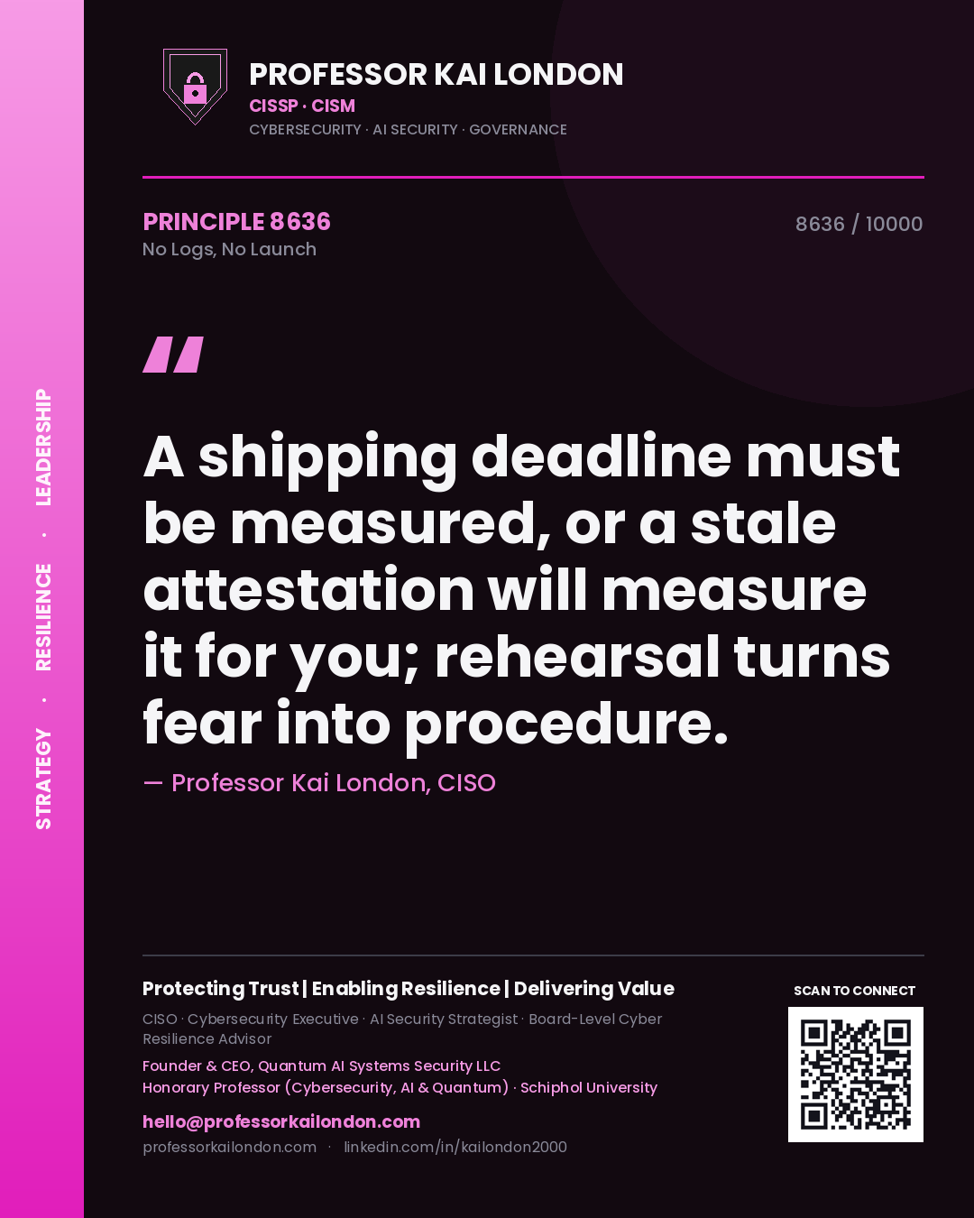 Quote card by Professor Kai London reading 'A shipping deadline must be measured, or a stale attestation will measure it for you; rehearsal turns fear into procedure.'. From the book No Logs, No Launch.