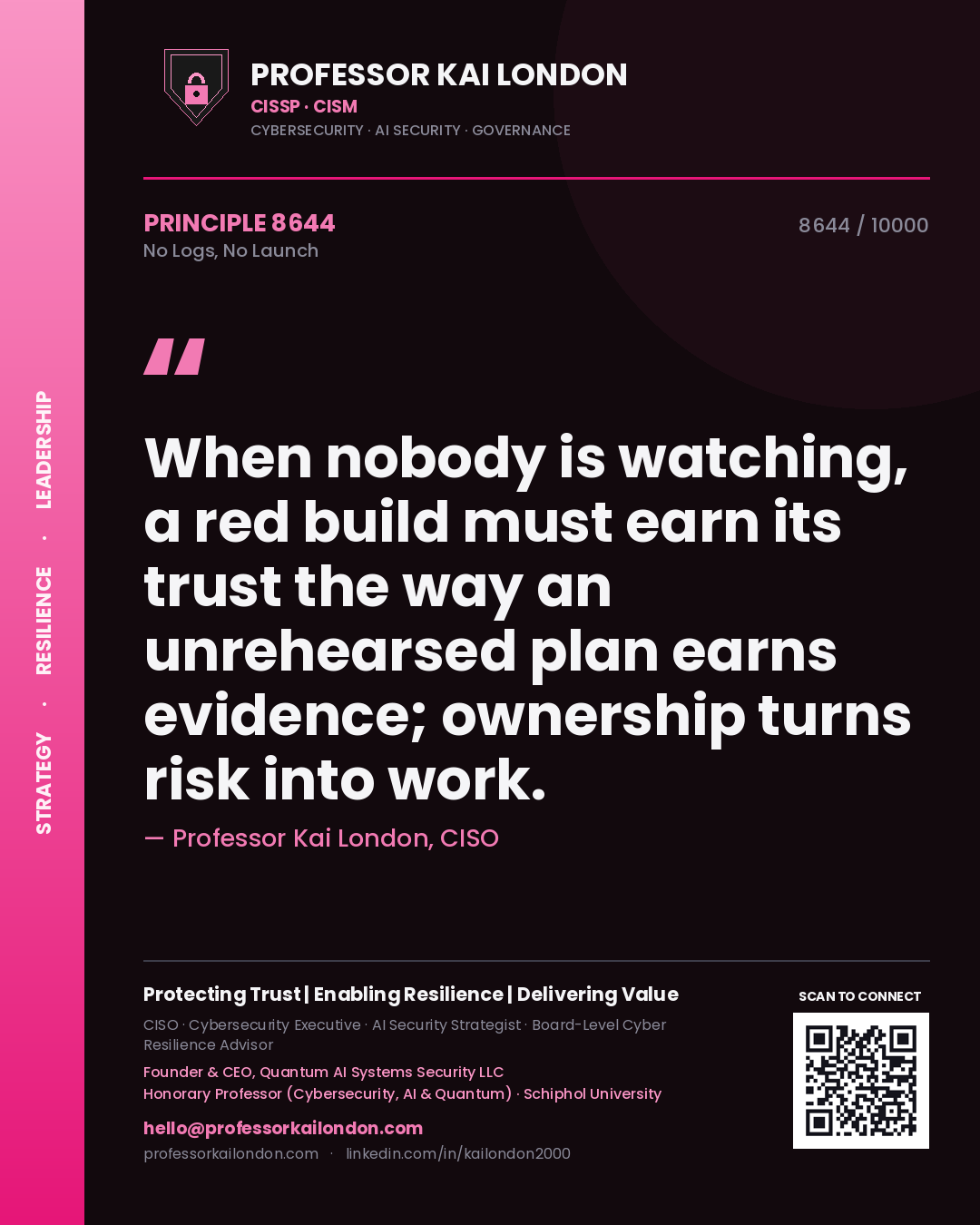 Quote card by Professor Kai London reading 'When nobody is watching, a red build must earn its trust the way an unrehearsed plan earns evidence; ownership turns risk into work.'. From the book No Logs, No Launch.