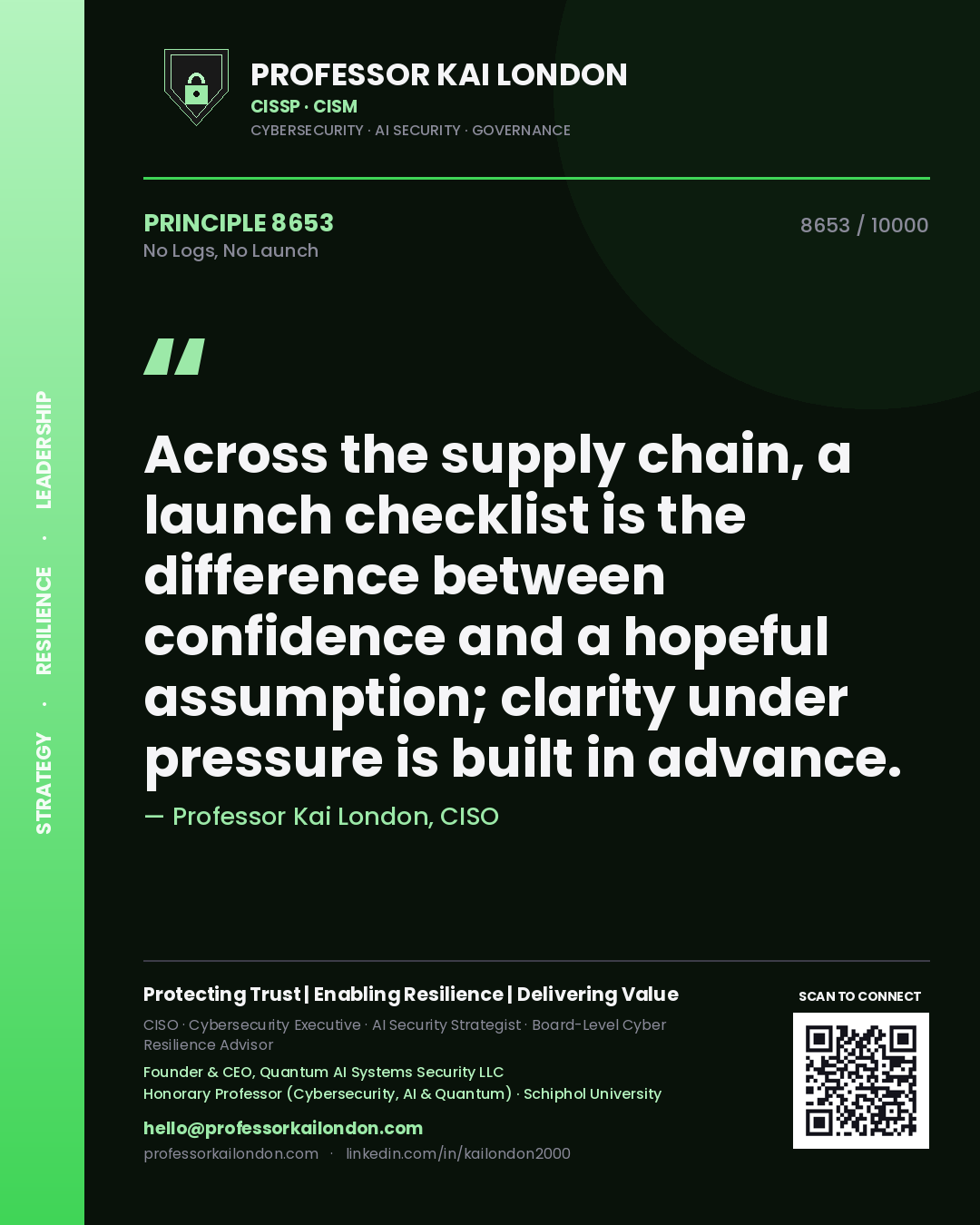Quote card by Professor Kai London reading 'Across the supply chain, a launch checklist is the difference between confidence and a hopeful assumption; clarity under pressure is built in advance.'. From the book No Logs, No Launch.