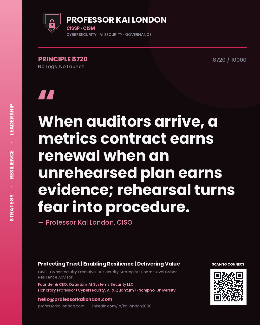 Professor Kai London principle 8720: When auditors arrive, a metrics contract earns renewal when an unrehearsed plan earns evidence; rehearsal turns fear into procedure.