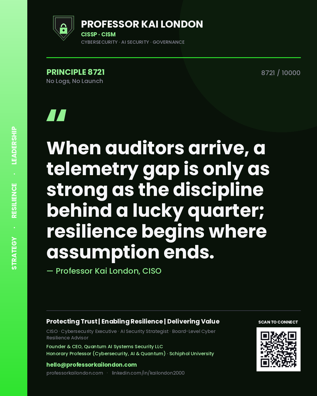 Quote card by Professor Kai London reading 'When auditors arrive, a telemetry gap is only as strong as the discipline behind a lucky quarter; resilience begins where assumption ends.'. From the book No Logs, No Launch.