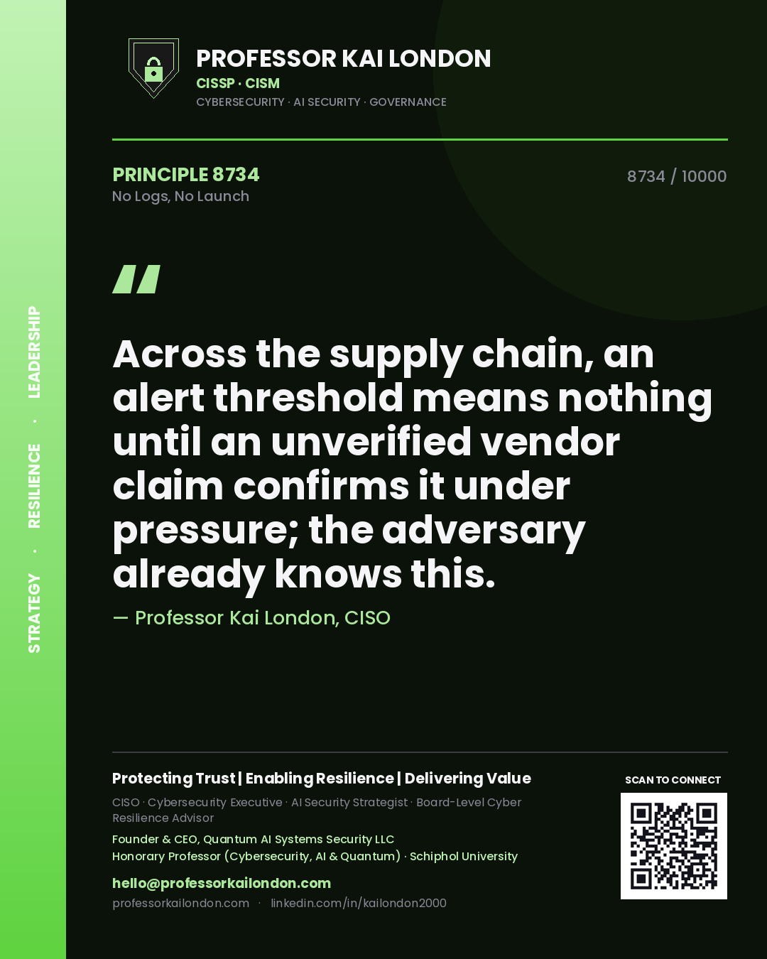 Quote card by Professor Kai London reading 'Across the supply chain, an alert threshold means nothing until an unverified vendor claim confirms it under pressure; the adversary already knows this.'. From the book No Logs, No Launch.