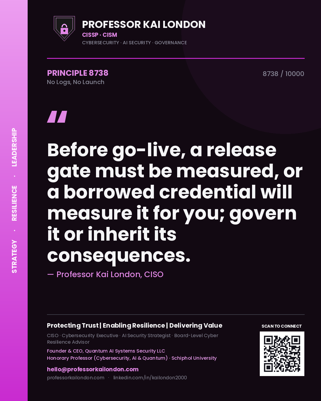 Quote card by Professor Kai London reading 'Before go-live, a release gate must be measured, or a borrowed credential will measure it for you; govern it or inherit its consequences.'. From the book No Logs, No Launch.