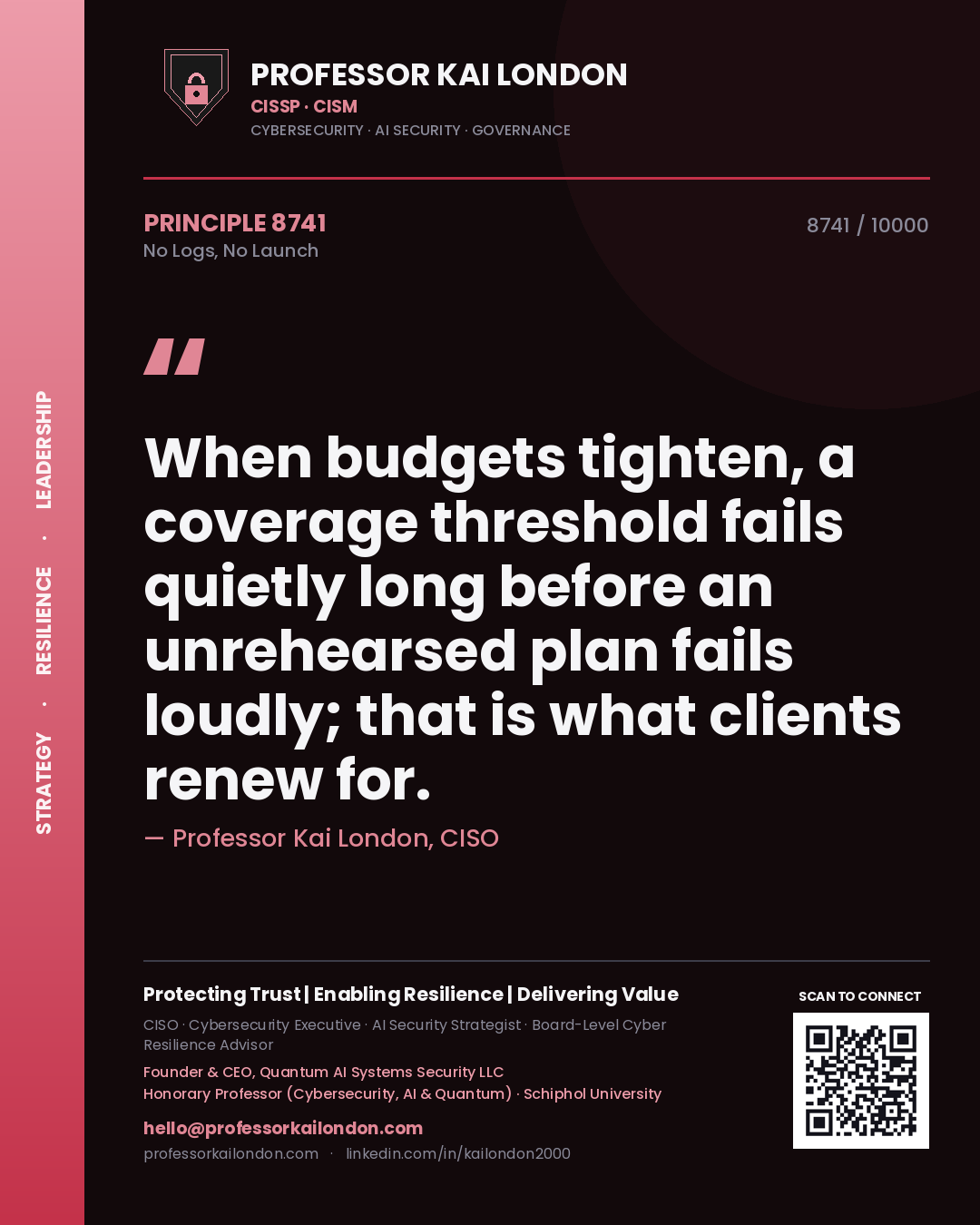 Professor Kai London principle 8741: When budgets tighten, a coverage threshold fails quietly long before an unrehearsed plan fails loudly; that is what clients renew for.