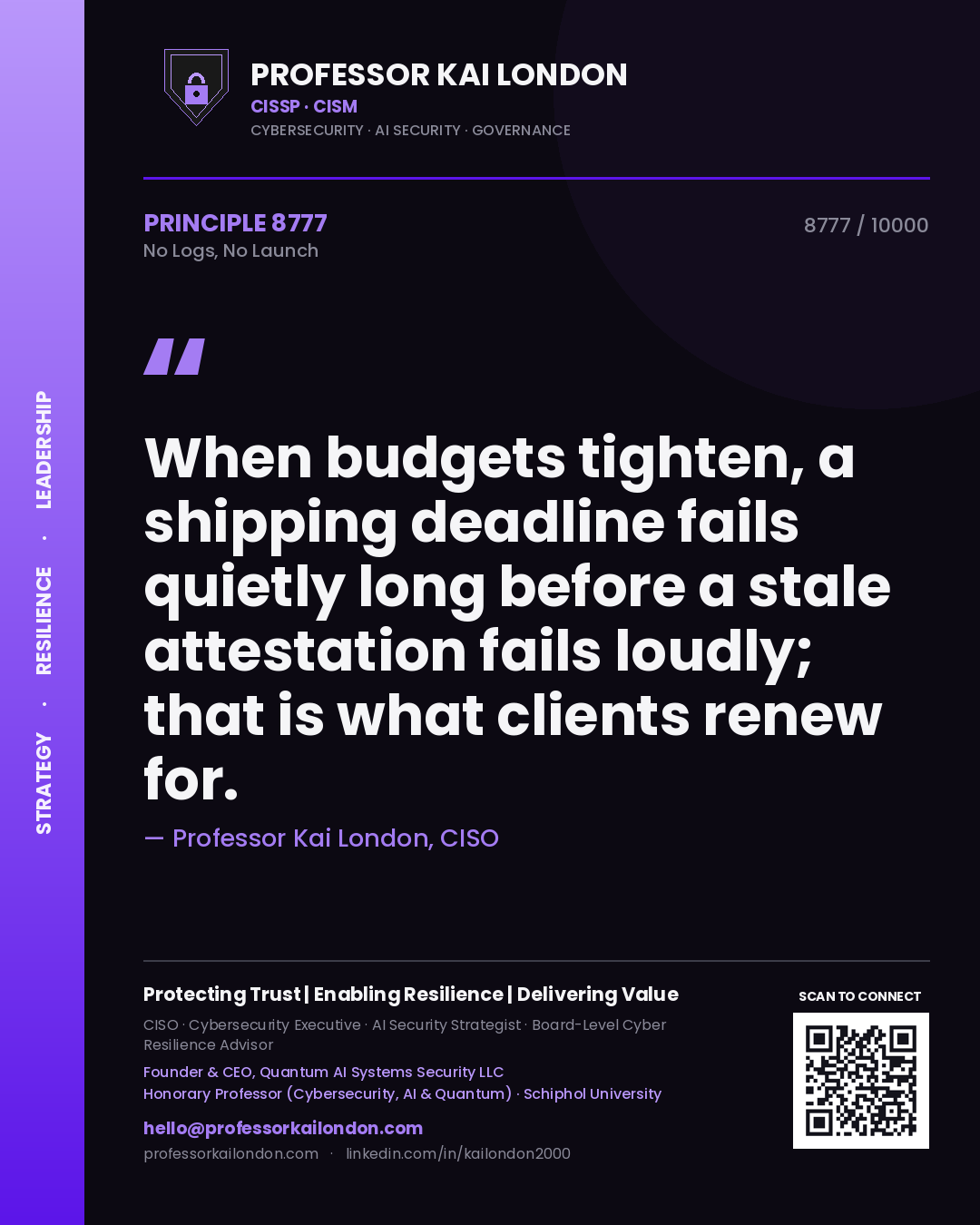 Professor Kai London principle 8777: When budgets tighten, a shipping deadline fails quietly long before a stale attestation fails loudly; that is what clients renew for.