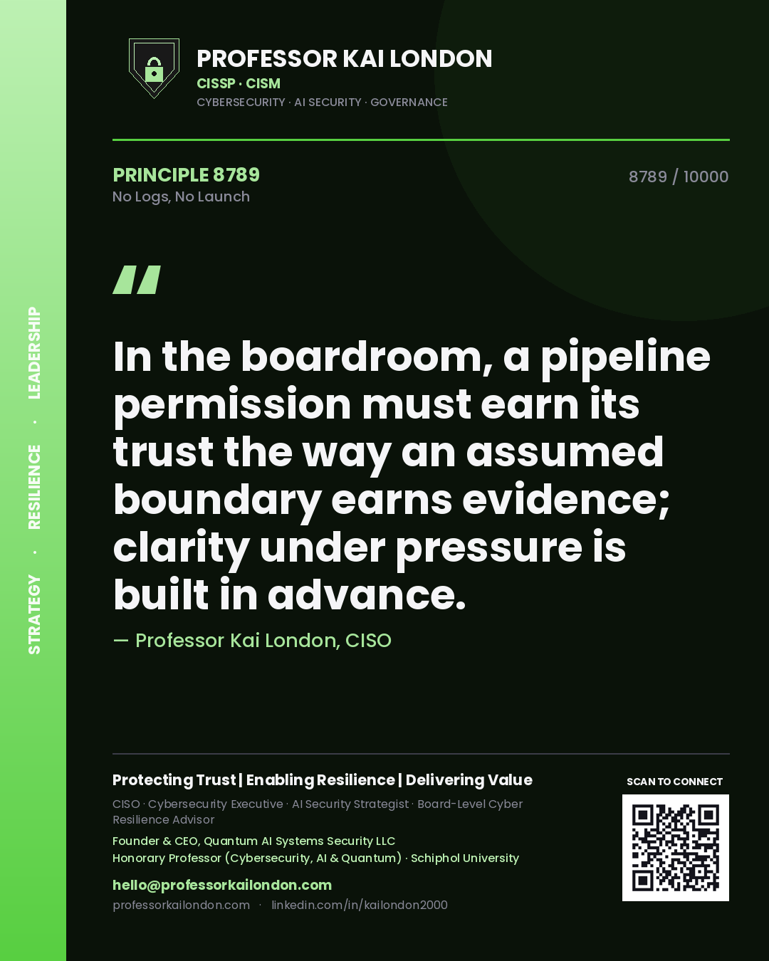 Professor Kai London principle 8789: In the boardroom, a pipeline permission must earn its trust the way an assumed boundary earns evidence; clarity under pressure is built in advance.