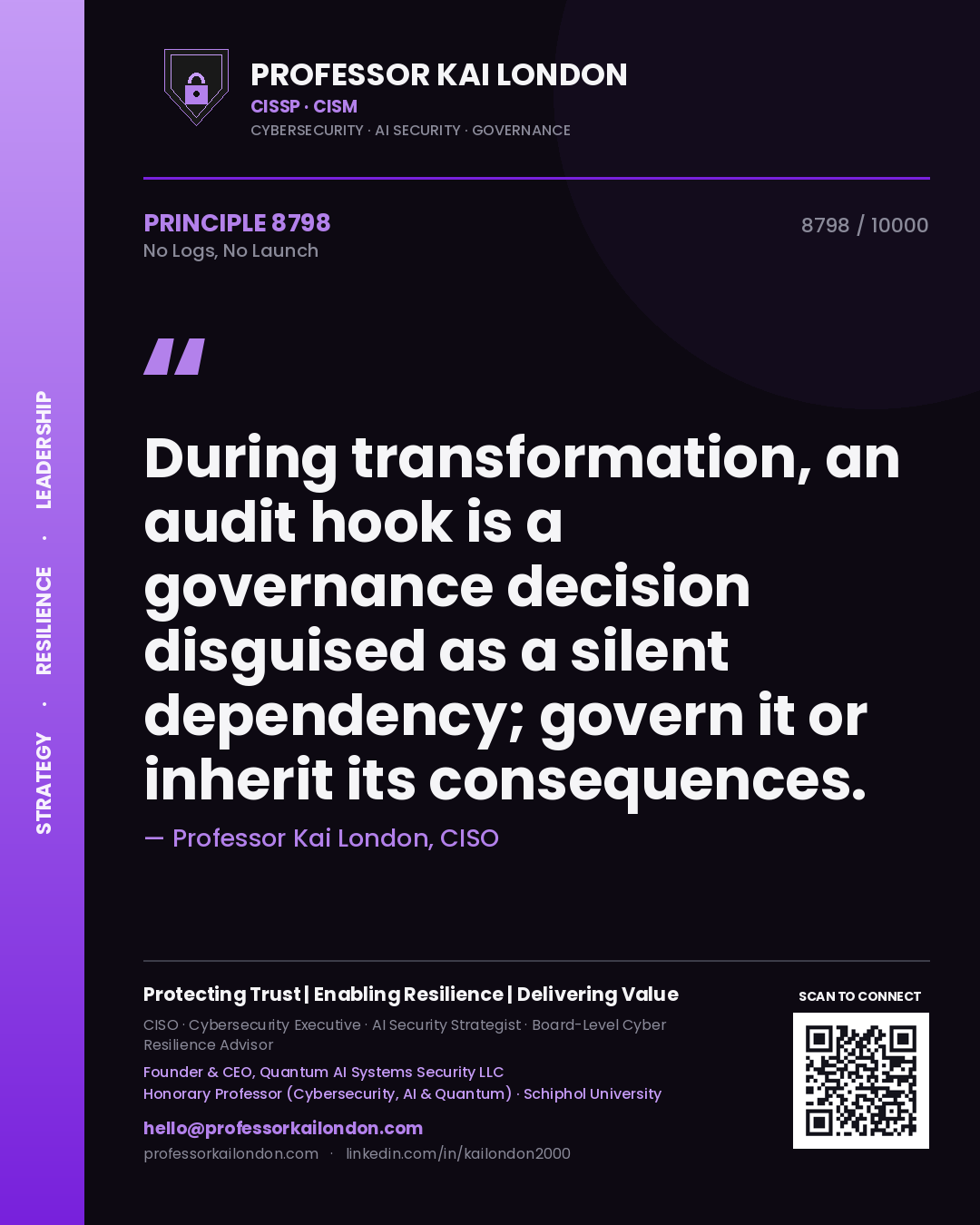Professor Kai London principle 8798: During transformation, an audit hook is a governance decision disguised as a silent dependency; govern it or inherit its consequences.