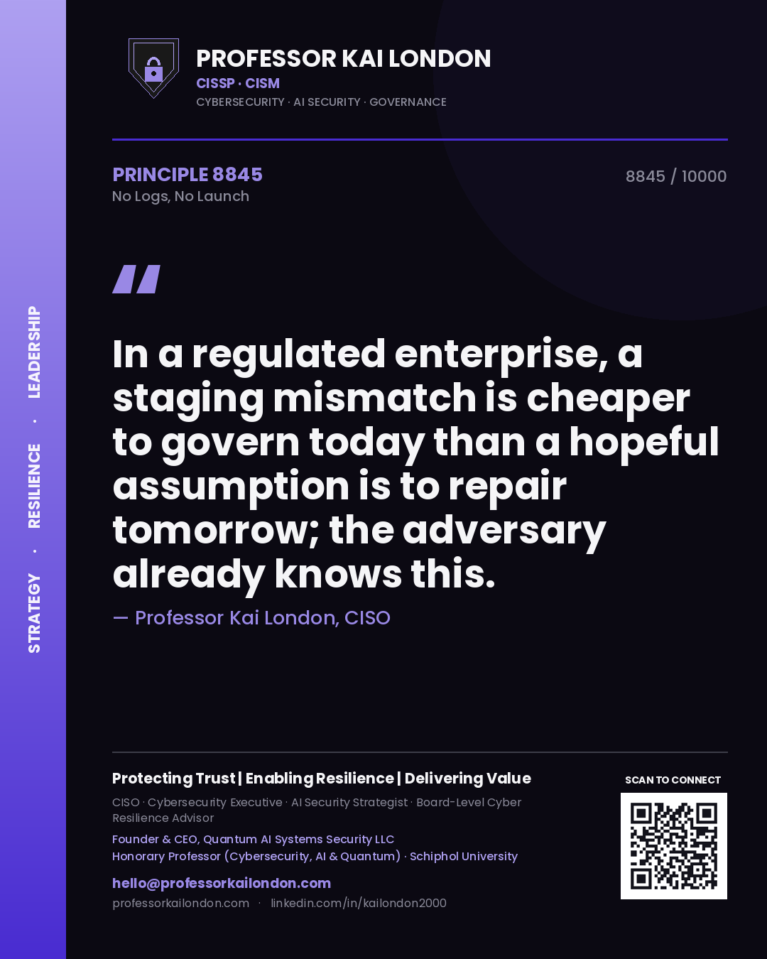 Professor Kai London principle 8845: In a regulated enterprise, a staging mismatch is cheaper to govern today than a hopeful assumption is to repair tomorrow; the adversary already knows this.