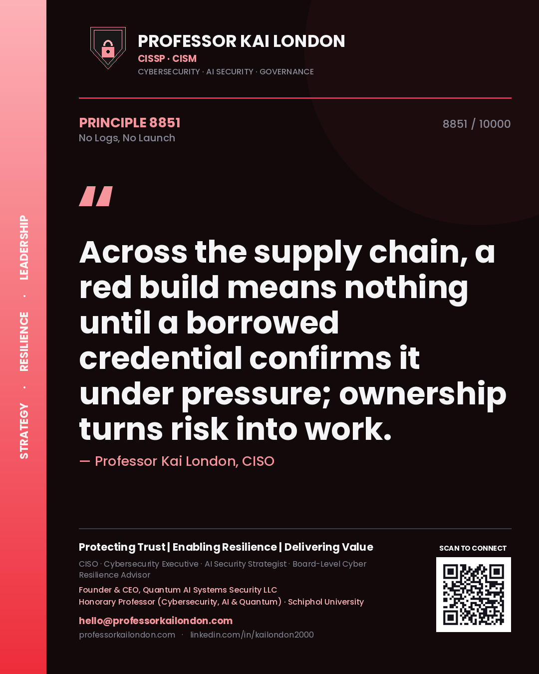 Professor Kai London principle 8851: Across the supply chain, a red build means nothing until a borrowed credential confirms it under pressure; ownership turns risk into work.