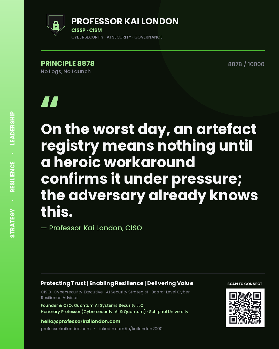 Quote card by Professor Kai London reading 'On the worst day, an artefact registry means nothing until a heroic workaround confirms it under pressure; the adversary already knows this.'. From the book No Logs, No Launch.