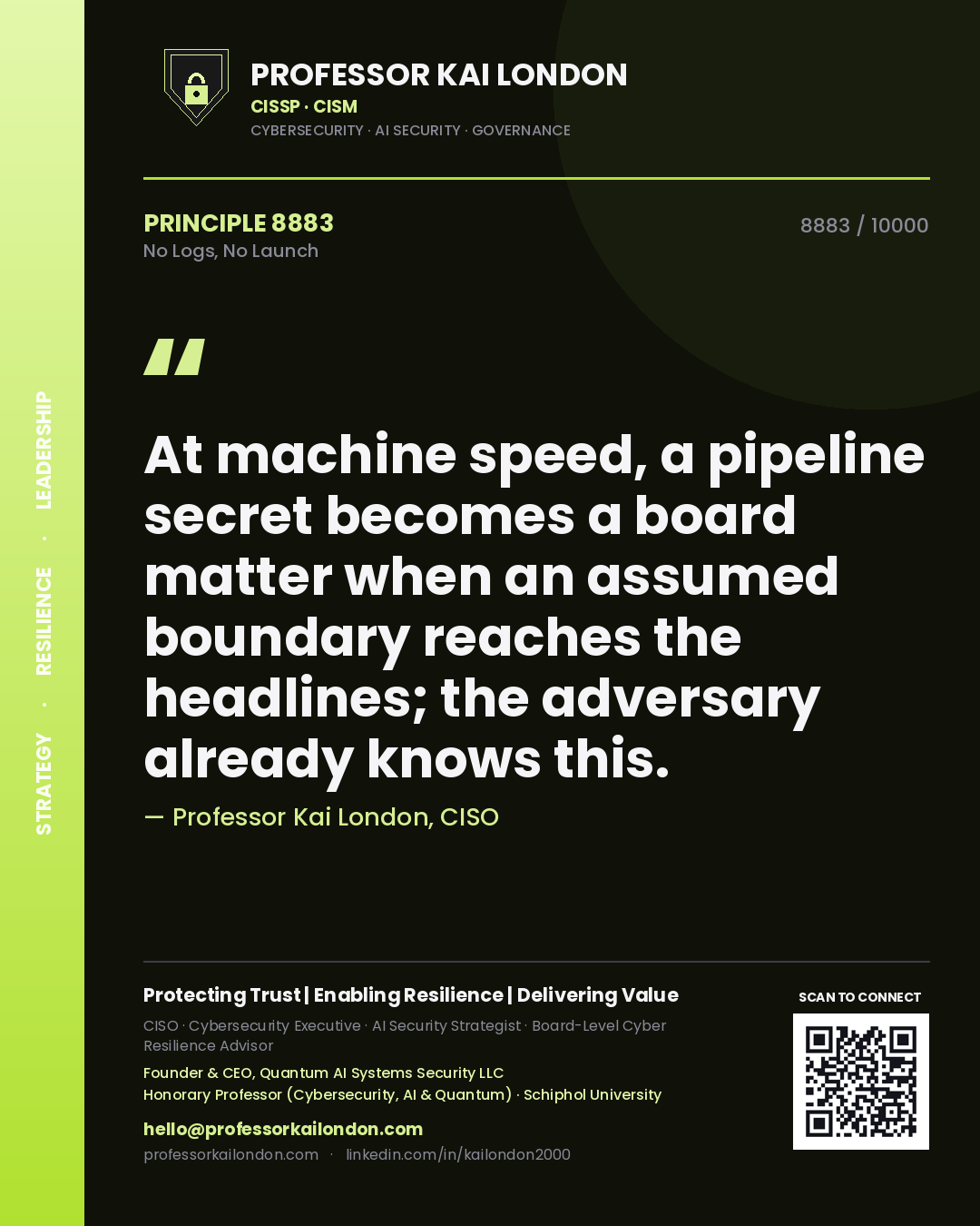 Professor Kai London principle 8883: At machine speed, a pipeline secret becomes a board matter when an assumed boundary reaches the headlines; the adversary already knows this.