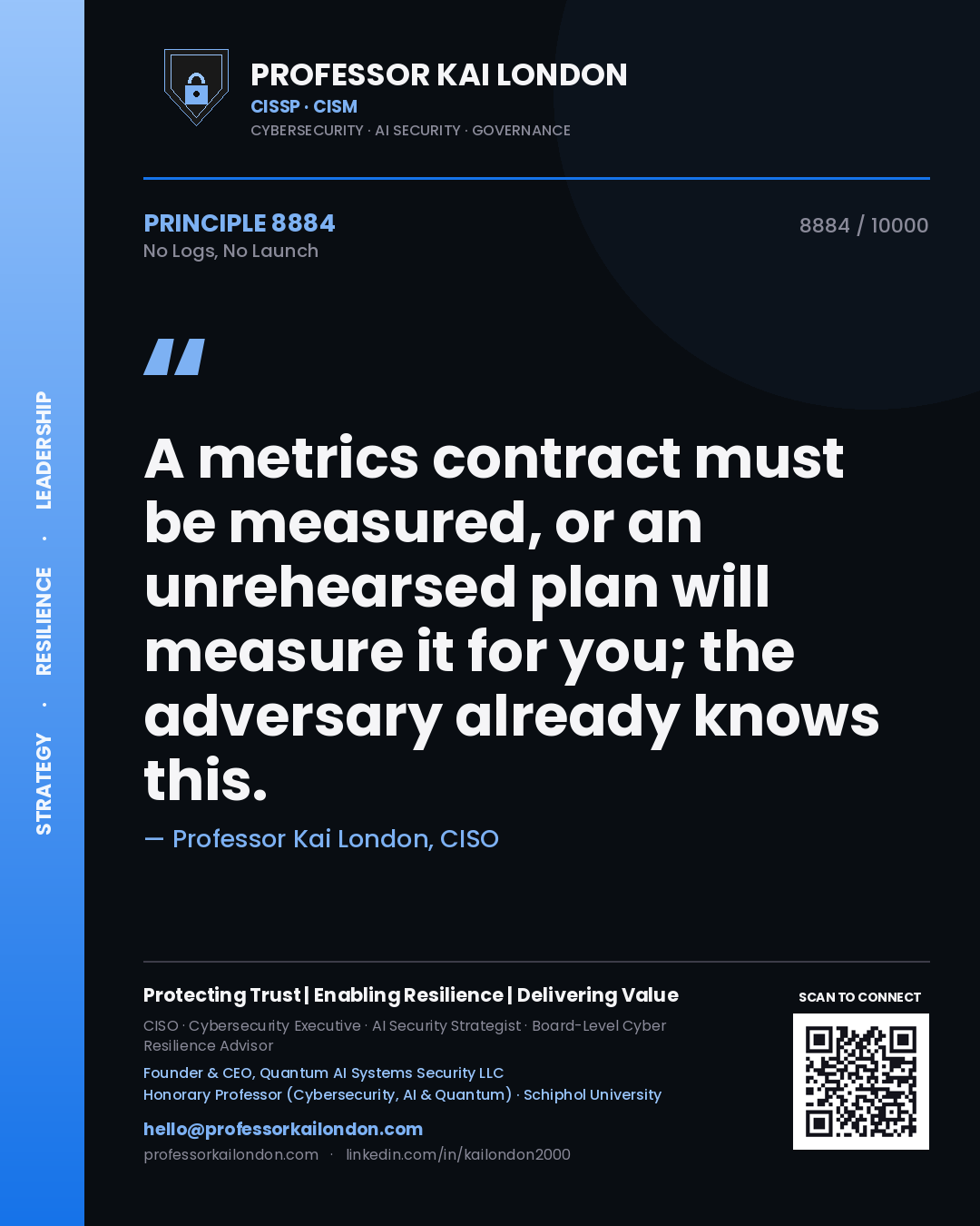 Quote card by Professor Kai London reading 'A metrics contract must be measured, or an unrehearsed plan will measure it for you; the adversary already knows this.'. From the book No Logs, No Launch.