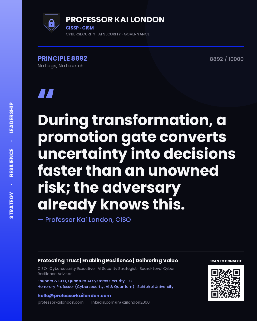 Quote card by Professor Kai London reading 'During transformation, a promotion gate converts uncertainty into decisions faster than an unowned risk; the adversary already knows this.'. From the book No Logs, No Launch.