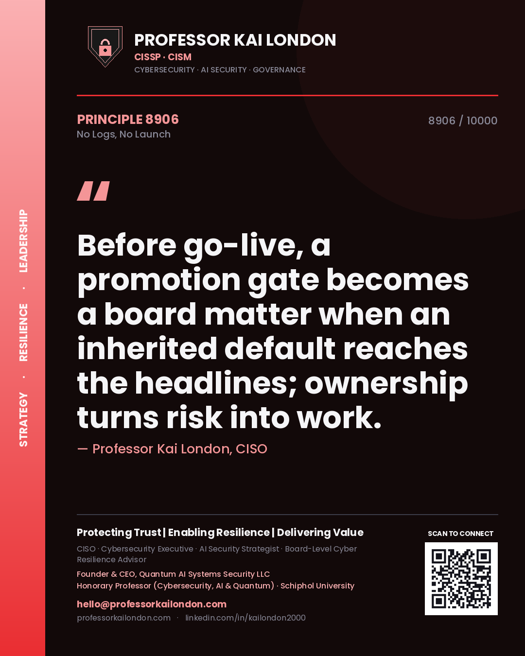 Quote card by Professor Kai London reading 'Before go-live, a promotion gate becomes a board matter when an inherited default reaches the headlines; ownership turns risk into work.'. From the book No Logs, No Launch.