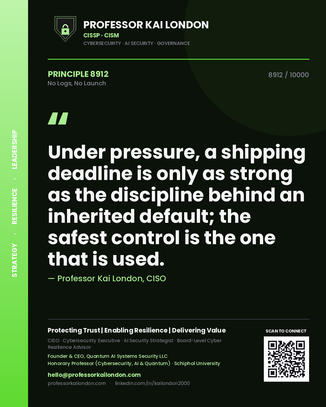 Quote card by Professor Kai London reading 'Under pressure, a shipping deadline is only as strong as the discipline behind an inherited default; the safest control is the one that is used.'. From the book No Logs, No Launch.