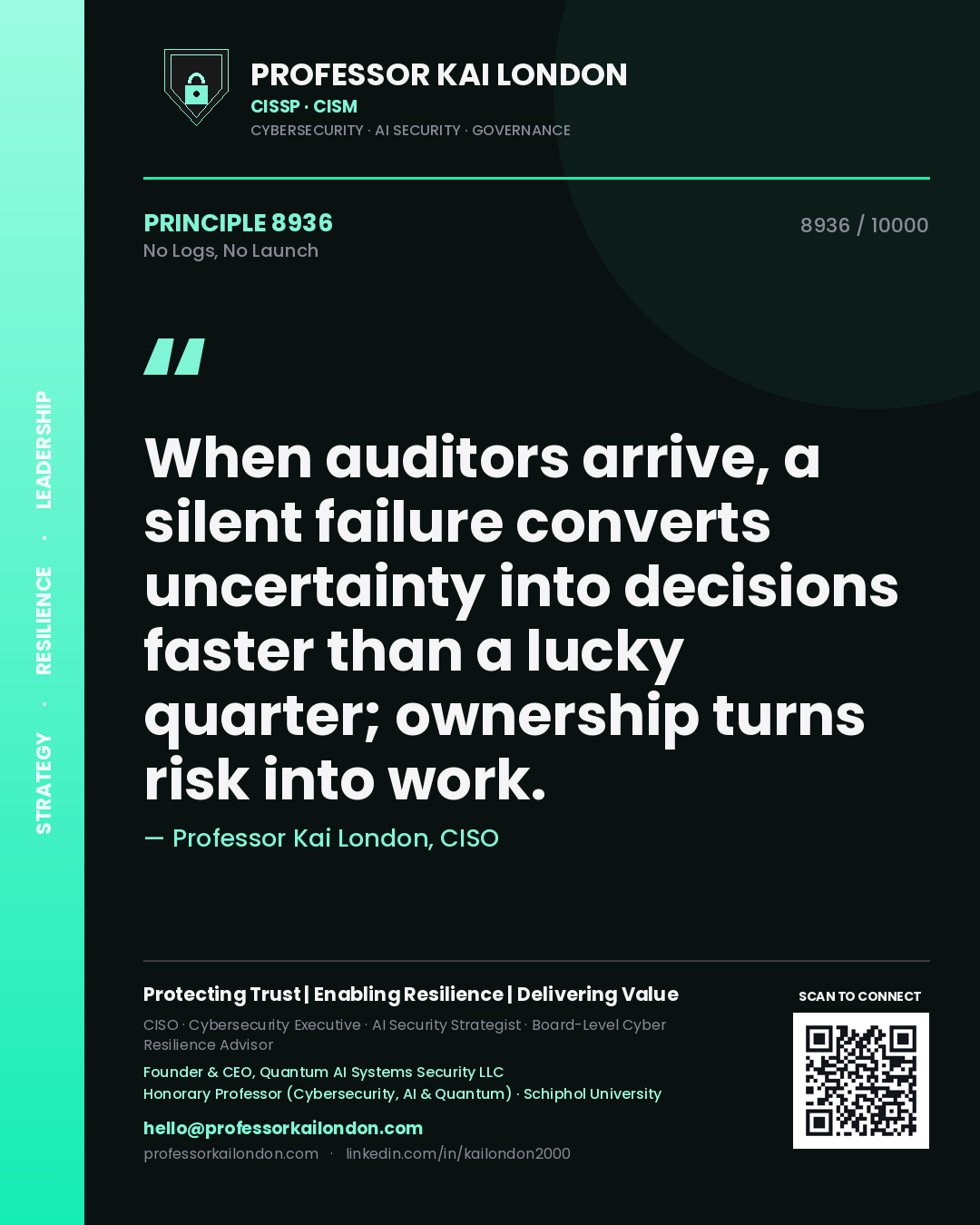 Quote card by Professor Kai London reading 'When auditors arrive, a silent failure converts uncertainty into decisions faster than a lucky quarter; ownership turns risk into work.'. From the book No Logs, No Launch.