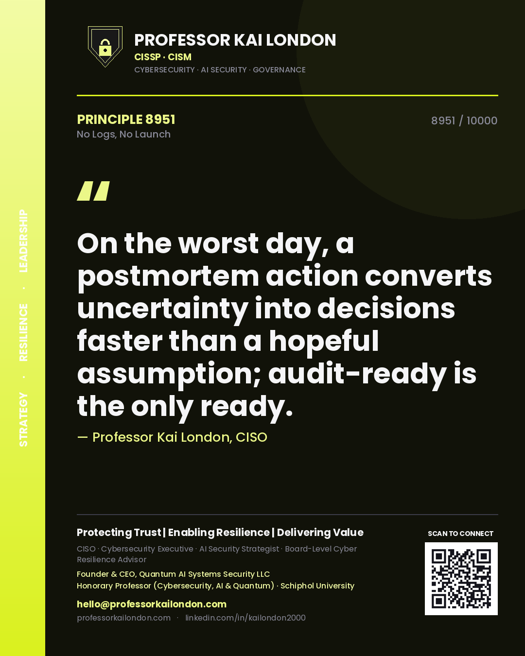 Quote card by Professor Kai London reading 'On the worst day, a postmortem action converts uncertainty into decisions faster than a hopeful assumption; audit-ready is the only ready.'. From the book No Logs, No Launch.