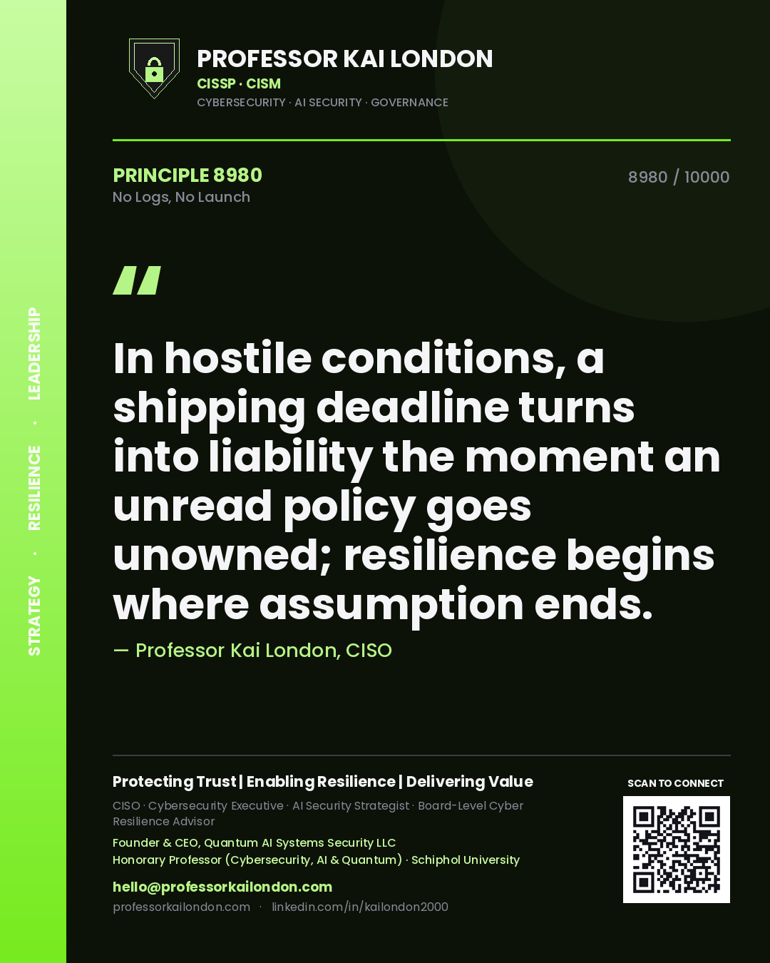 Quote card by Professor Kai London reading 'In hostile conditions, a shipping deadline turns into liability the moment an unread policy goes unowned; resilience begins where assumption ends.'. From the book No Logs, No Launch.