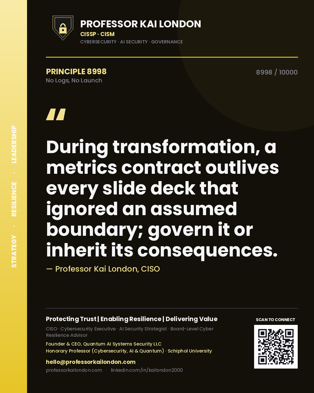 Quote card by Professor Kai London reading 'During transformation, a metrics contract outlives every slide deck that ignored an assumed boundary; govern it or inherit its consequences.'. From the book No Logs, No Launch.
