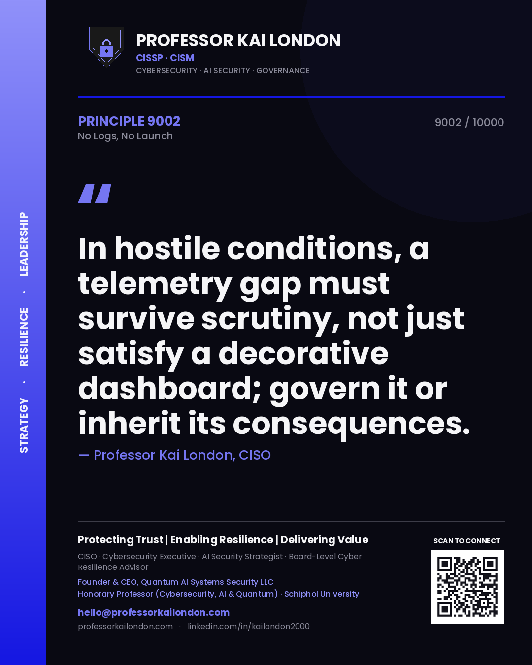 Professor Kai London principle 9002: In hostile conditions, a telemetry gap must survive scrutiny, not just satisfy a decorative dashboard; govern it or inherit its consequences.
