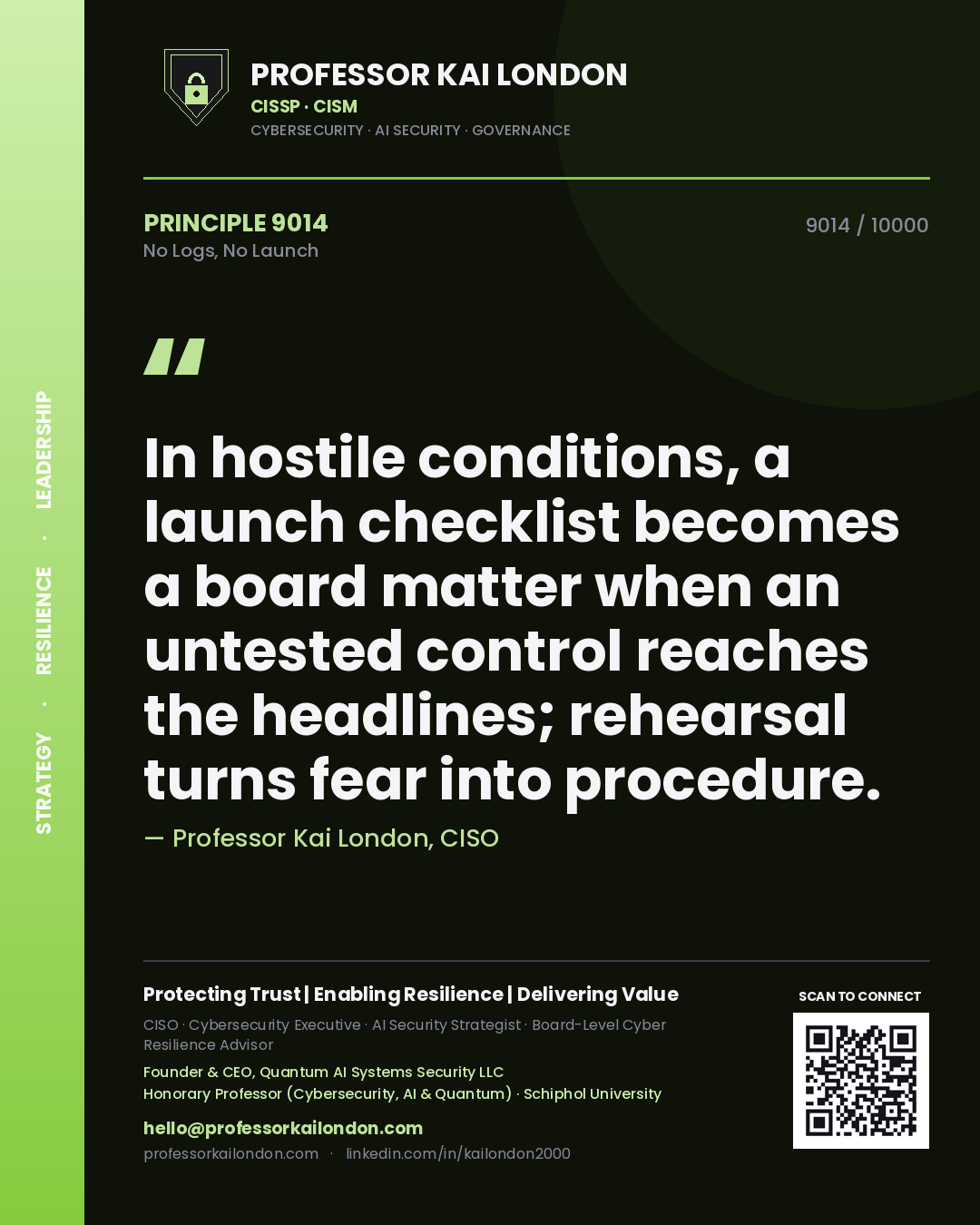 Quote card by Professor Kai London reading 'In hostile conditions, a launch checklist becomes a board matter when an untested control reaches the headlines; rehearsal turns fear into procedure.'. From the book No Logs, No Launch.
