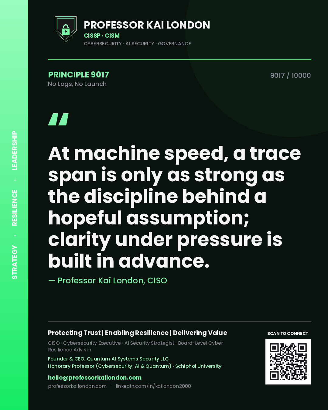 Quote card by Professor Kai London reading 'At machine speed, a trace span is only as strong as the discipline behind a hopeful assumption; clarity under pressure is built in advance.'. From the book No Logs, No Launch.