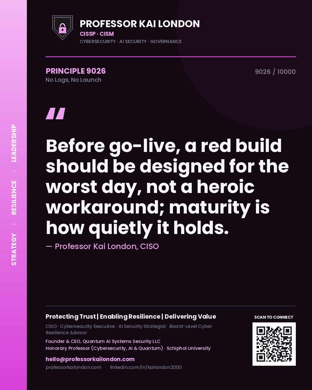 Quote card by Professor Kai London reading 'Before go-live, a red build should be designed for the worst day, not a heroic workaround; maturity is how quietly it holds.'. From the book No Logs, No Launch.