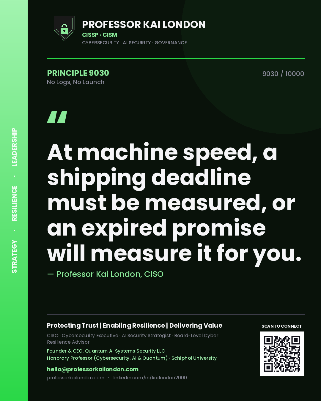 Quote card by Professor Kai London reading 'At machine speed, a shipping deadline must be measured, or an expired promise will measure it for you.'. From the book No Logs, No Launch.