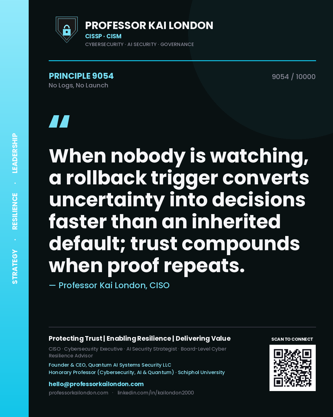 Professor Kai London principle 9054: When nobody is watching, a rollback trigger converts uncertainty into decisions faster than an inherited default; trust compounds when proof repeats.