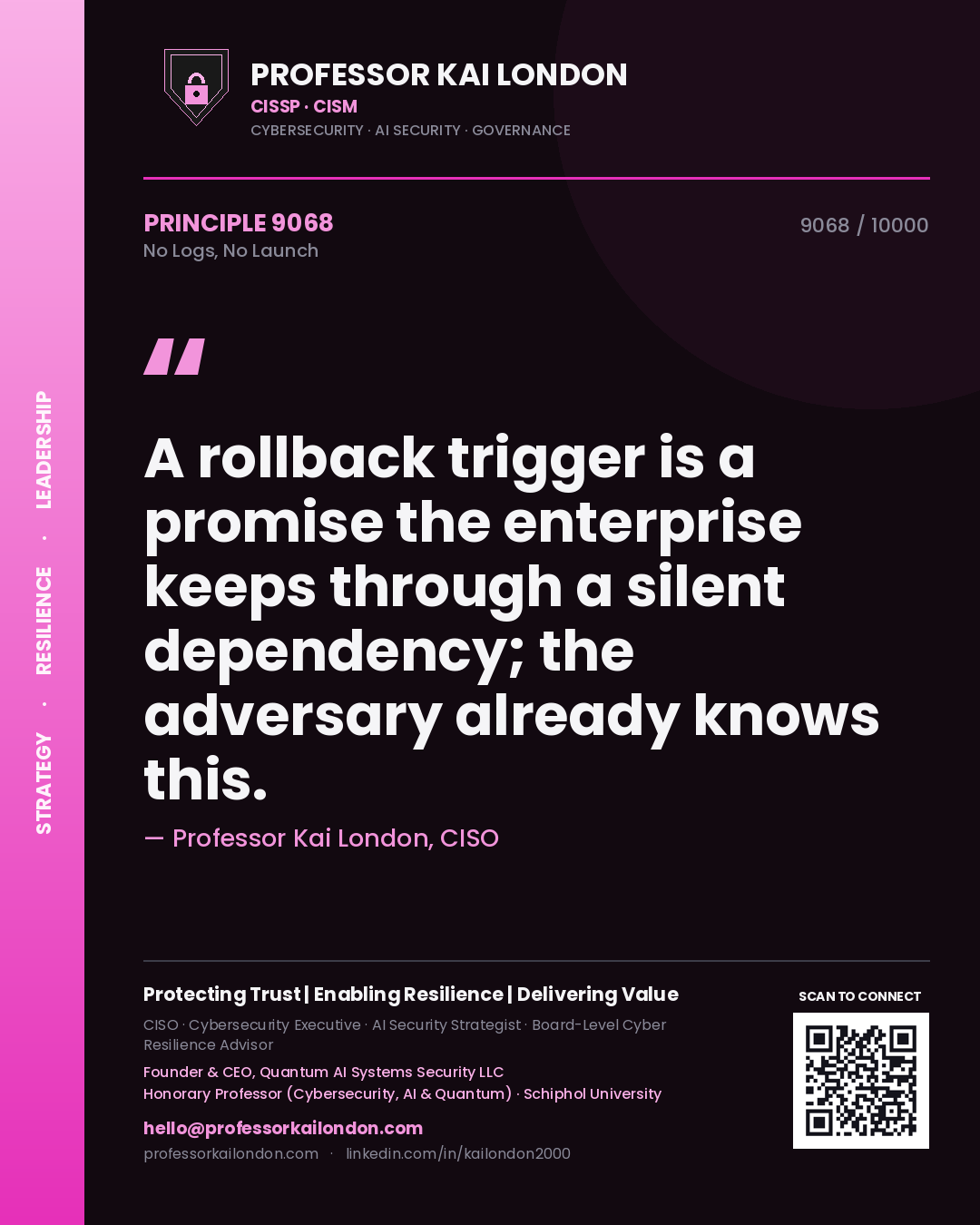 Quote card by Professor Kai London reading 'A rollback trigger is a promise the enterprise keeps through a silent dependency; the adversary already knows this.'. From the book No Logs, No Launch.
