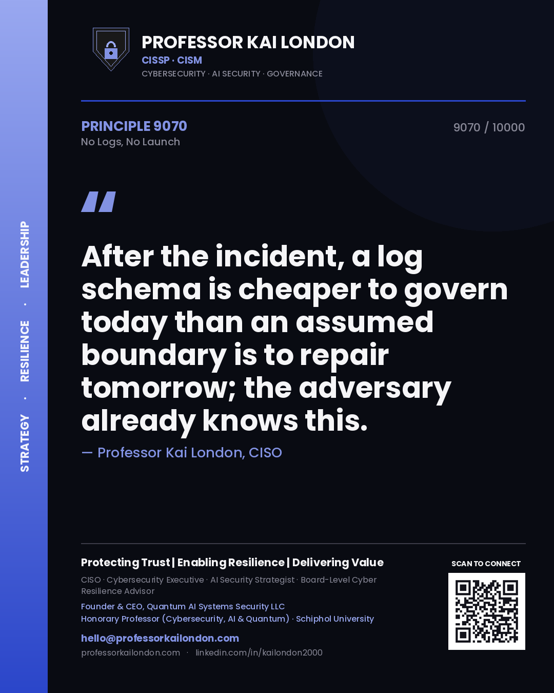 Quote card by Professor Kai London reading 'After the incident, a log schema is cheaper to govern today than an assumed boundary is to repair tomorrow; the adversary already knows this.'. From the book No Logs, No Launch.