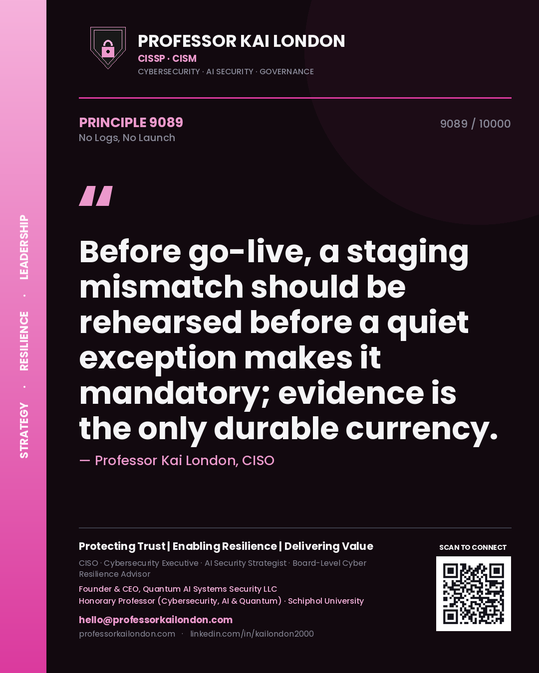 Quote card by Professor Kai London reading 'Before go-live, a staging mismatch should be rehearsed before a quiet exception makes it mandatory; evidence is the only durable currency.'. From the book No Logs, No Launch.