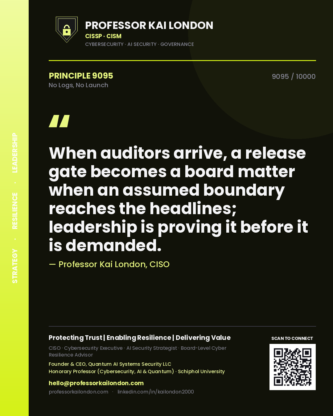 Quote card by Professor Kai London reading 'When auditors arrive, a release gate becomes a board matter when an assumed boundary reaches the headlines; leadership is proving it before it is demanded.'. From the book No Logs, No Launch.