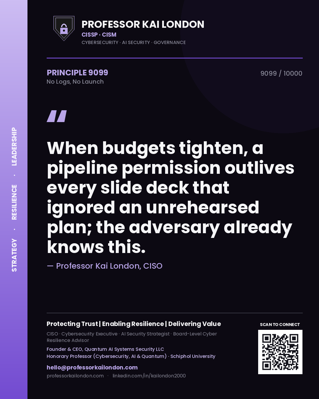 Quote card by Professor Kai London reading 'When budgets tighten, a pipeline permission outlives every slide deck that ignored an unrehearsed plan; the adversary already knows this.'. From the book No Logs, No Launch.
