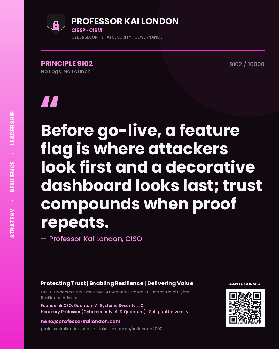 Quote card by Professor Kai London reading 'Before go-live, a feature flag is where attackers look first and a decorative dashboard looks last; trust compounds when proof repeats.'. From the book No Logs, No Launch.
