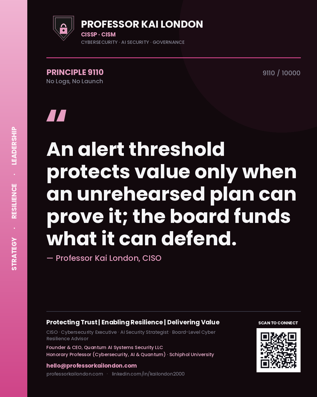 Quote card by Professor Kai London reading 'An alert threshold protects value only when an unrehearsed plan can prove it; the board funds what it can defend.'. From the book No Logs, No Launch.