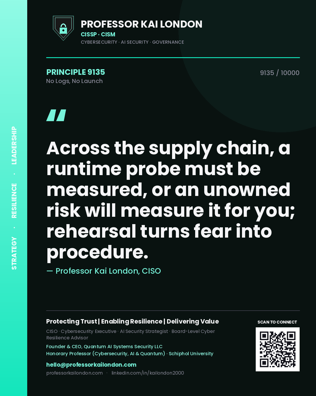 Professor Kai London principle 9135: Across the supply chain, a runtime probe must be measured, or an unowned risk will measure it for you; rehearsal turns fear into procedure.