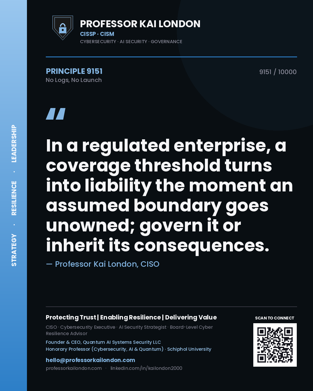 Quote card by Professor Kai London reading 'In a regulated enterprise, a coverage threshold turns into liability the moment an assumed boundary goes unowned; govern it or inherit its consequences.'. From the book No Logs, No Launch.