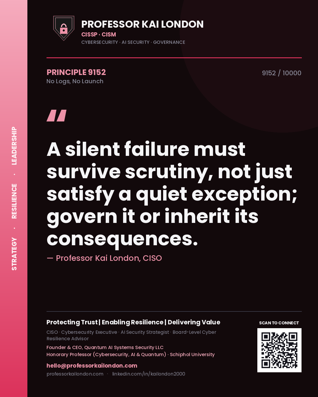 Quote card by Professor Kai London reading 'A silent failure must survive scrutiny, not just satisfy a quiet exception; govern it or inherit its consequences.'. From the book No Logs, No Launch.
