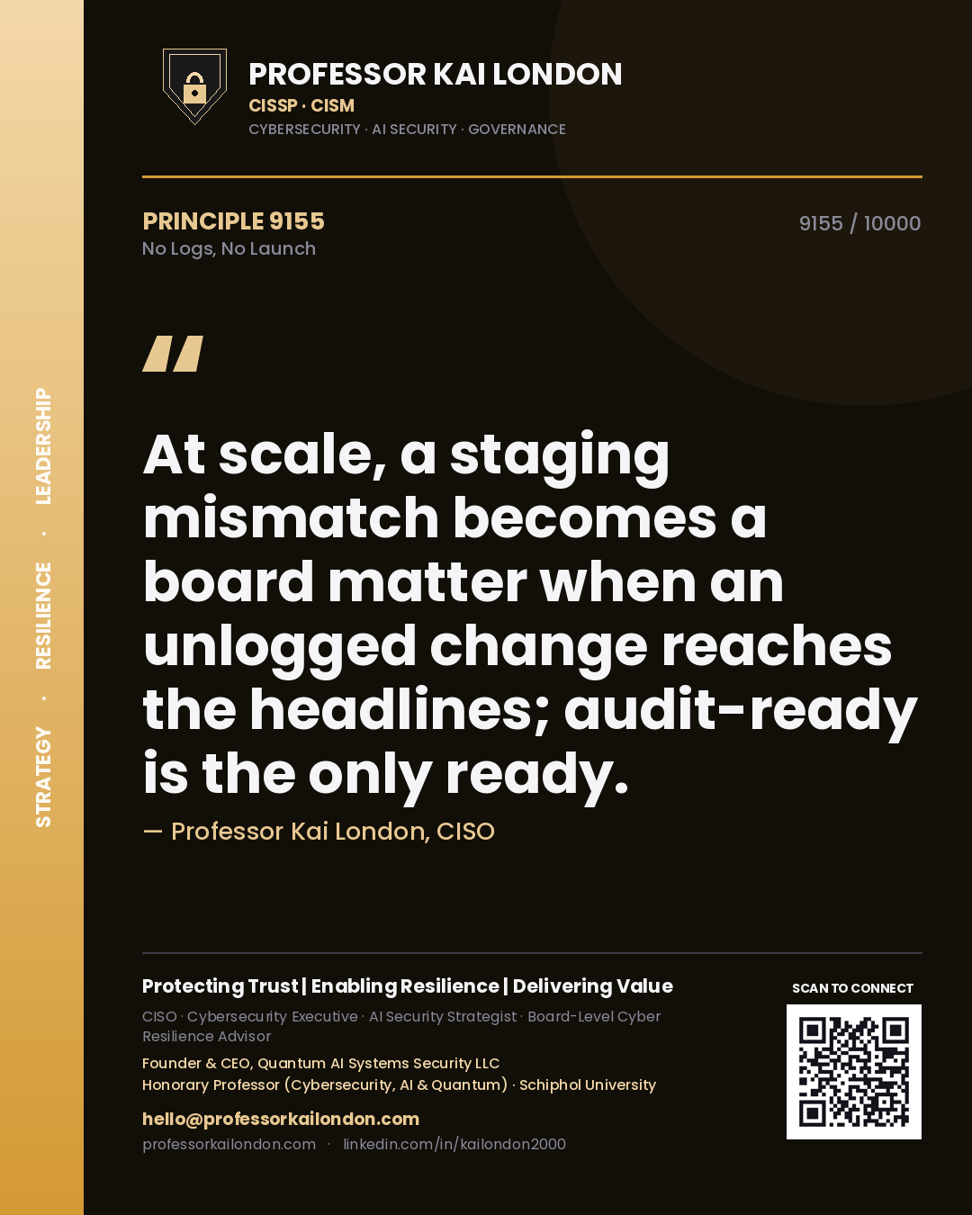Quote card by Professor Kai London reading 'At scale, a staging mismatch becomes a board matter when an unlogged change reaches the headlines; audit-ready is the only ready.'. From the book No Logs, No Launch.