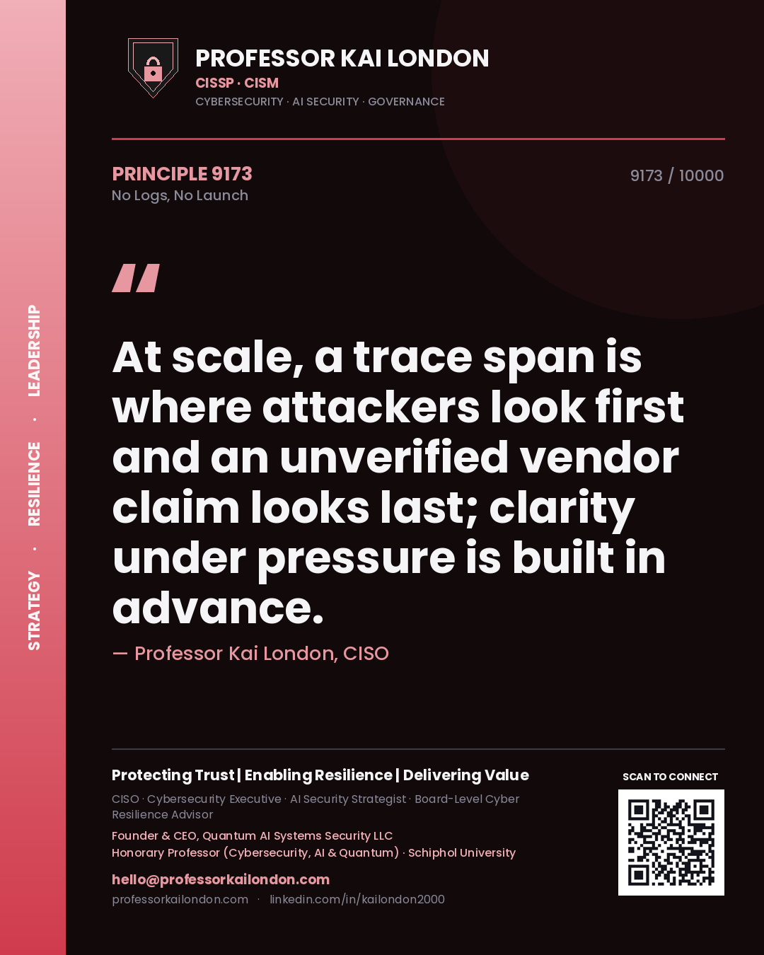Professor Kai London principle 9173: At scale, a trace span is where attackers look first and an unverified vendor claim looks last; clarity under pressure is built in advance.