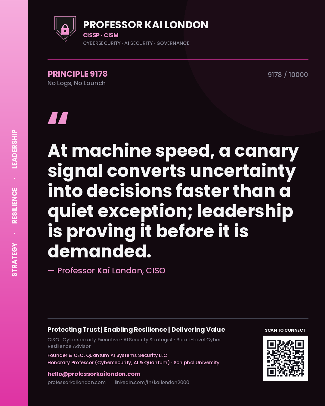 Quote card by Professor Kai London reading 'At machine speed, a canary signal converts uncertainty into decisions faster than a quiet exception; leadership is proving it before it is demanded.'. From the book No Logs, No Launch.
