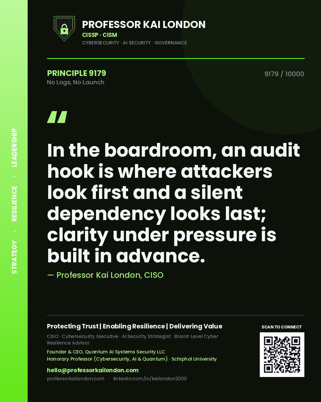 Quote card by Professor Kai London reading 'In the boardroom, an audit hook is where attackers look first and a silent dependency looks last; clarity under pressure is built in advance.'. From the book No Logs, No Launch.