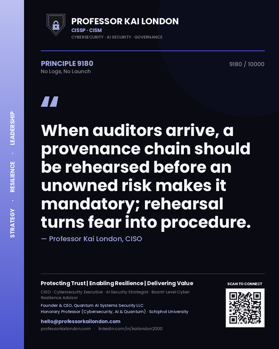 Quote card by Professor Kai London reading 'When auditors arrive, a provenance chain should be rehearsed before an unowned risk makes it mandatory; rehearsal turns fear into procedure.'. From the book No Logs, No Launch.