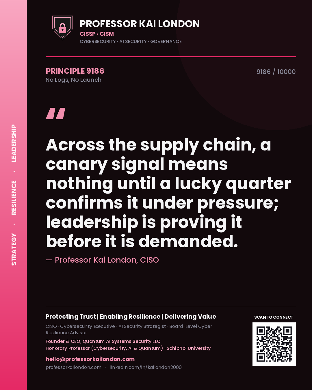 Professor Kai London principle 9186: Across the supply chain, a canary signal means nothing until a lucky quarter confirms it under pressure; leadership is proving it before it is demanded.