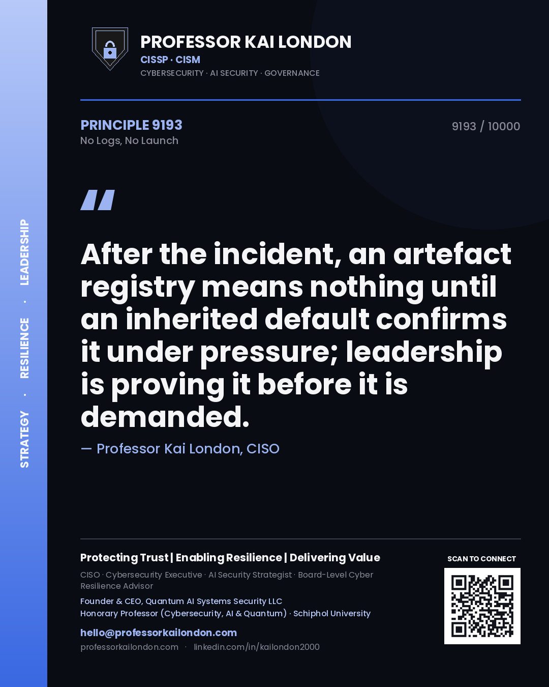 Professor Kai London principle 9193: After the incident, an artefact registry means nothing until an inherited default confirms it under pressure; leadership is proving it before it is demanded.