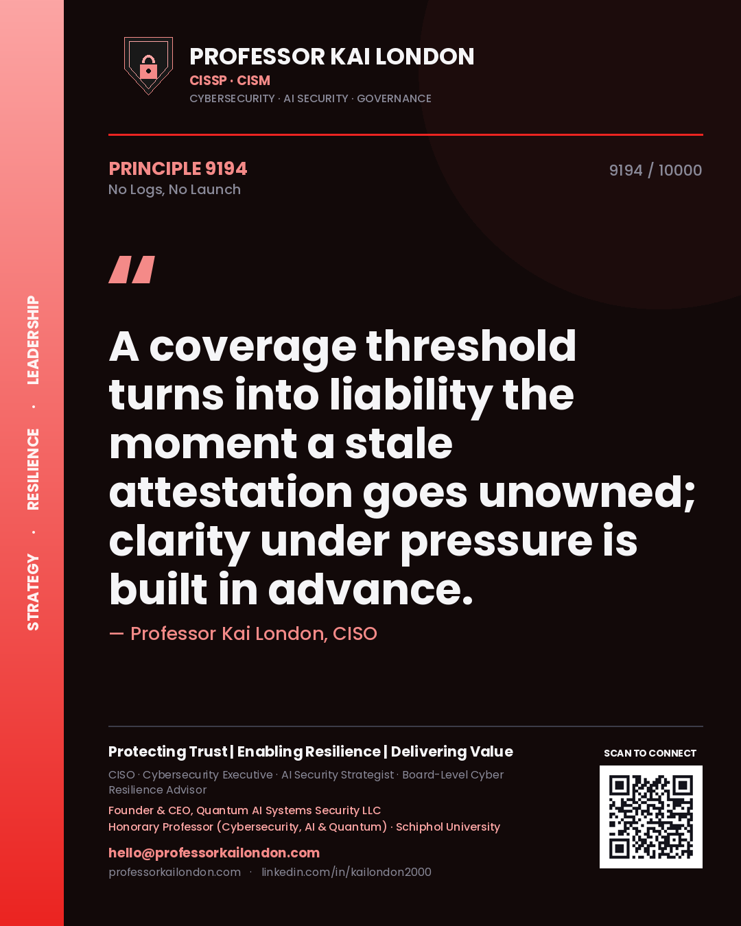 Quote card by Professor Kai London reading 'A coverage threshold turns into liability the moment a stale attestation goes unowned; clarity under pressure is built in advance.'. From the book No Logs, No Launch.