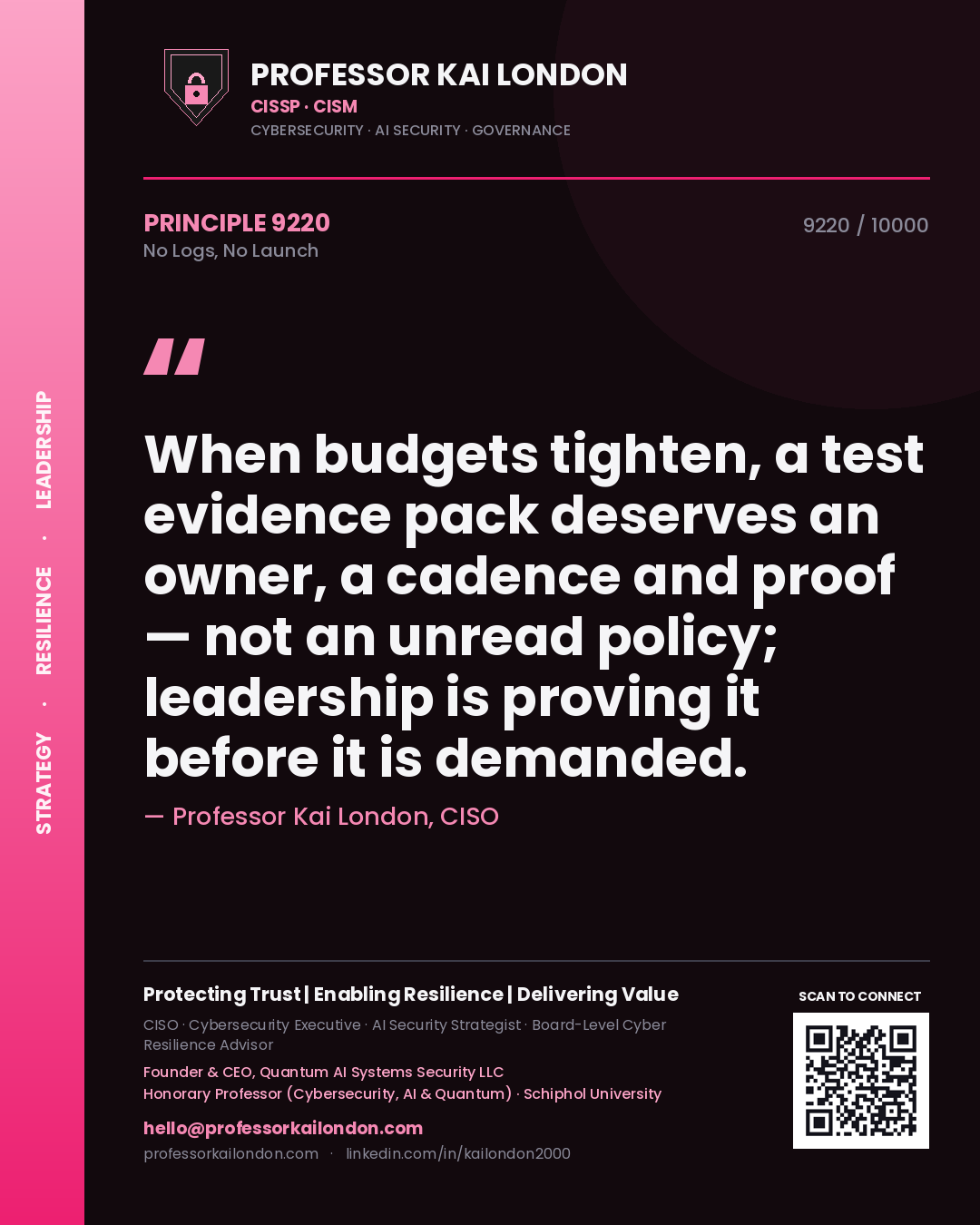 Quote card by Professor Kai London reading 'When budgets tighten, a test evidence pack deserves an owner, a cadence and proof — not an unread policy; leadership is proving it before it is demanded.'. From the book No Logs, No Launch.